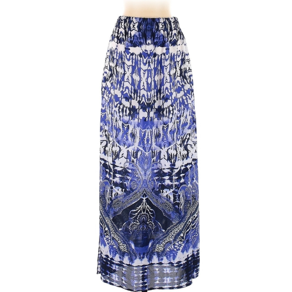 White & Blue Geometric Bohemian Maxi Skirt